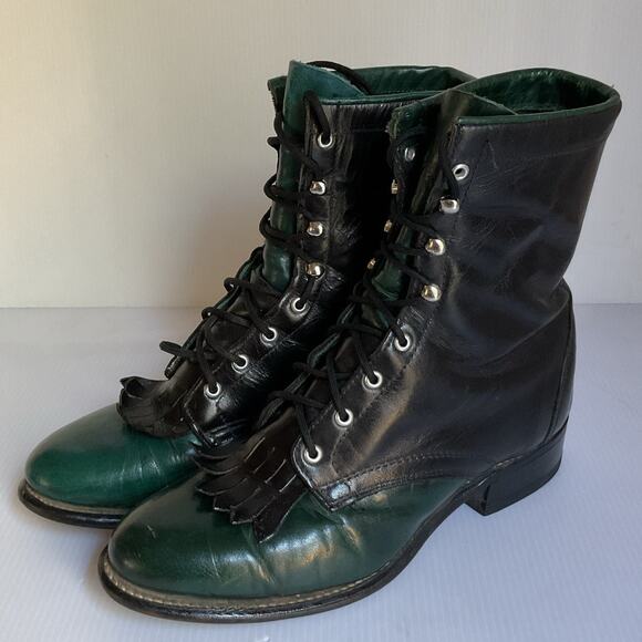 Vintage Laredo Leather Roper Boots • Black & Green • Lace-Up • Women’s 6.5M - Picture 1 of 10